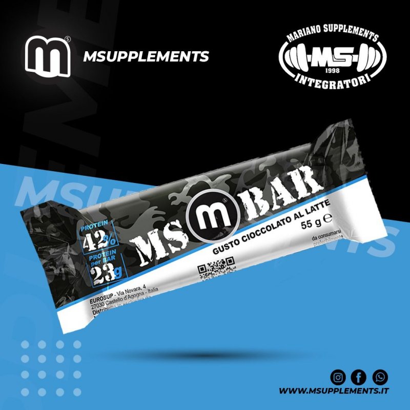 Vendita online INTEGRATORE ALIMENTARE BARRETTA PROTEICA 23G PROTEINE MS BAR 55G CIOCCOLATO AL LATTE costo  2,00 €  spedizione in 24h
