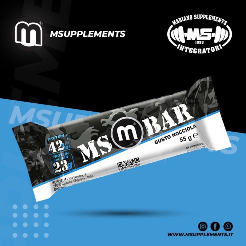 Vendita online INTEGRATORE ALIMENTARE BARRETTA PROTEINA 23G PROTEINE MS BAR 55G NOCCIOLA costo  2,00 €  spedizione in 24h