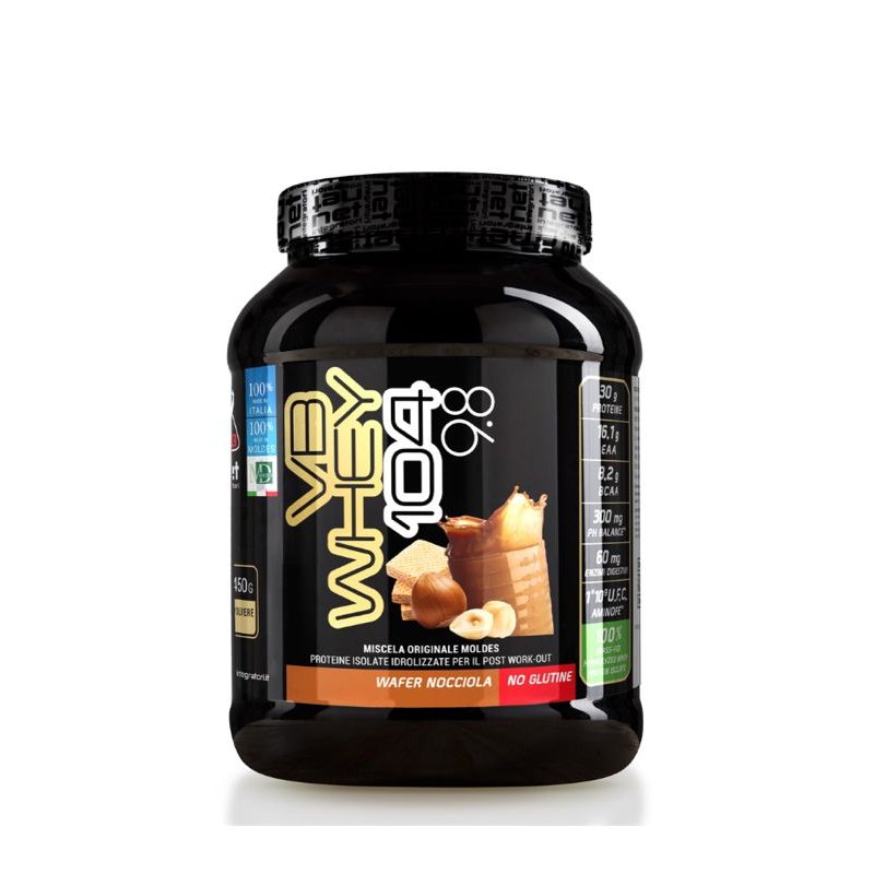 Vendita online INTEGRATORE ALIMENTARE VB WHEY 104 9.8 450G WAFER NOCCIOLA costo  35,00 €  spedizione in 24h